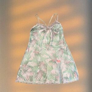 Victoria's Secret Palm-Print Lace-Trim Chemise in Green and Pink
